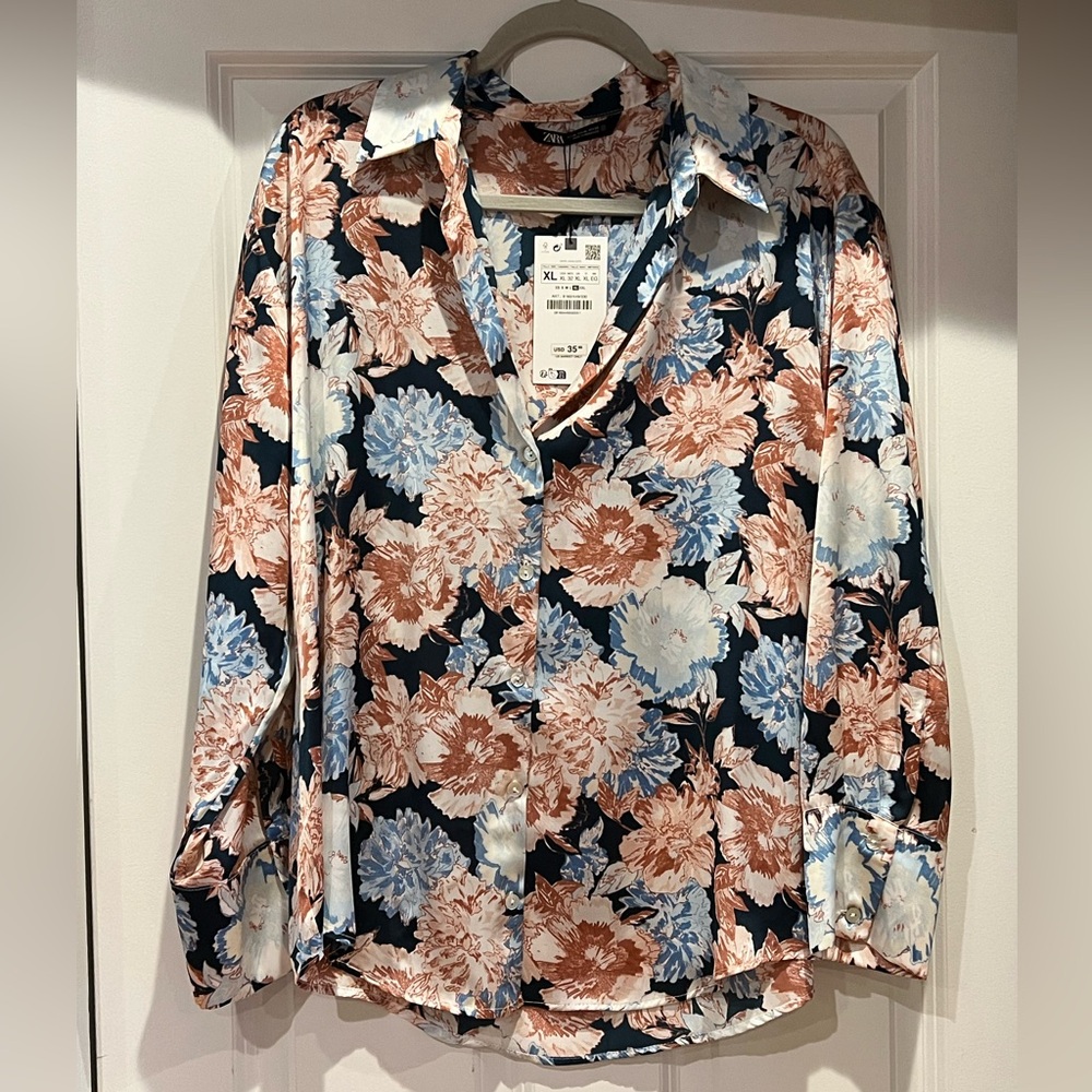 Zara NWT satin floral button up blouse